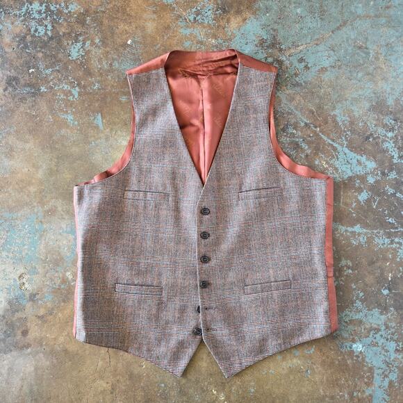 Vintage Menswear Style Suit Vest Size L XL Plaid Wool John Weitz Brown Tweed - Picture 1 of 6